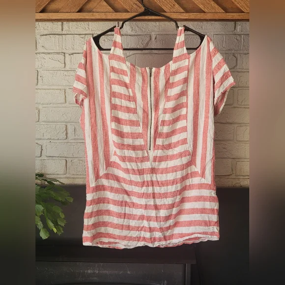 Soft Surroundings Top M Striped Sunset Tunic Red/White Cold Shoulder Linen Blend - Picture 6 of 6